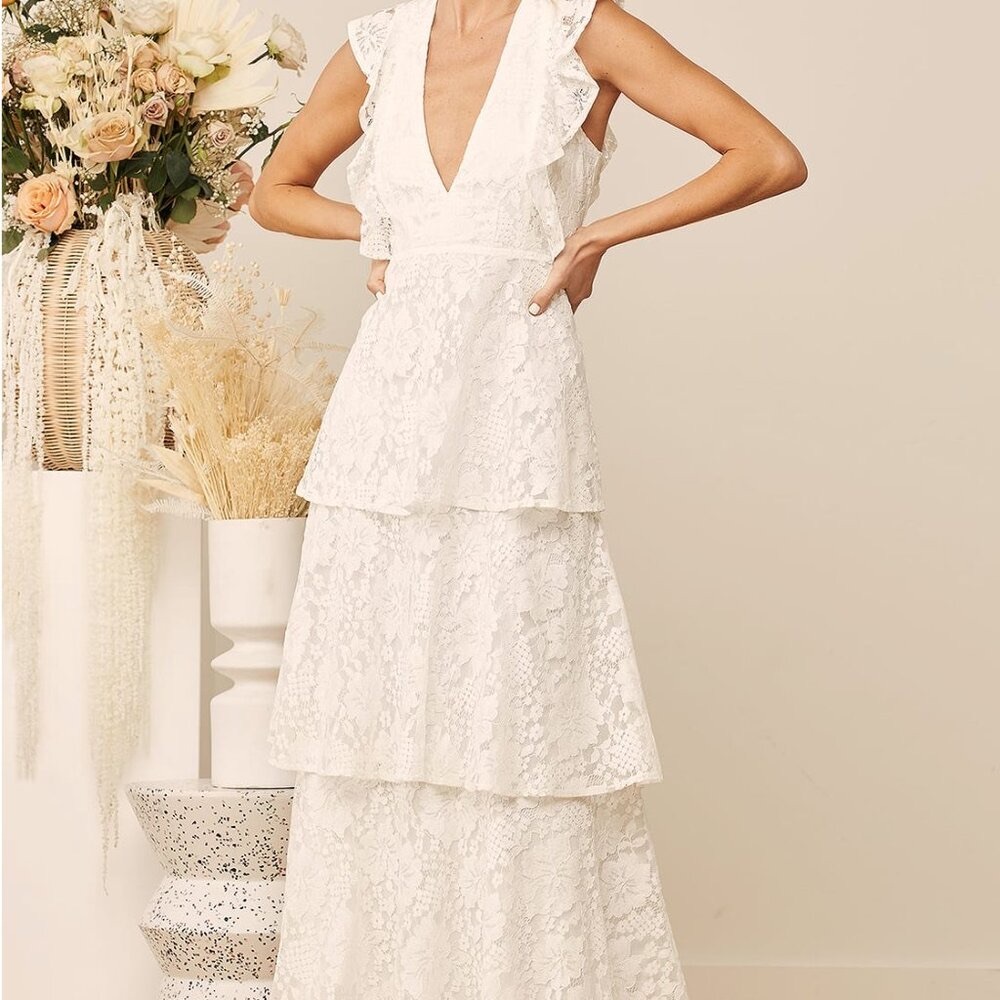 Lulus Molinetto White Lace Ruffled Tiered Sleeveless Maxi Dress